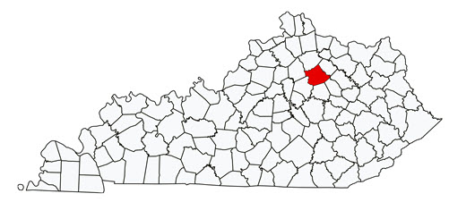 Kentucky map with Bourbon County highlighted