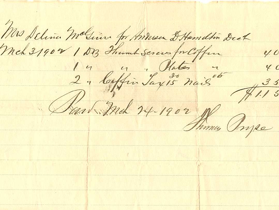 Anderson D. Hamilton Funeral Bill