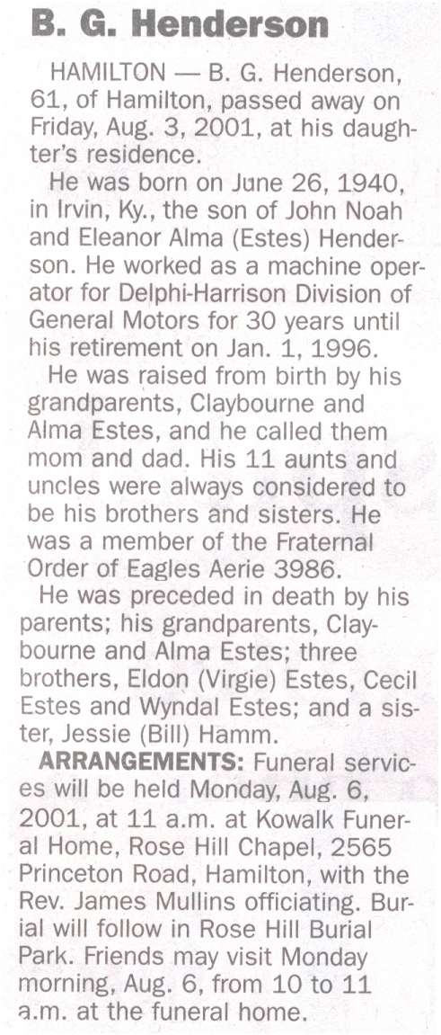 B. G. Henderson Obit