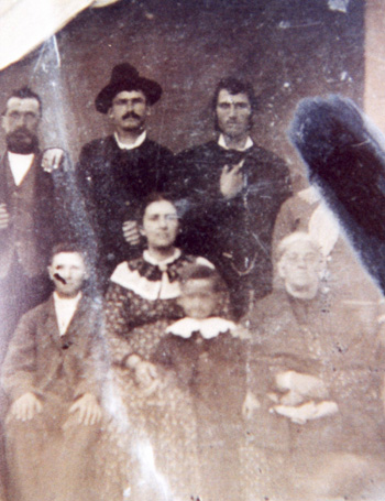 Believed to be -- Back: William Mansfield (father of Allen & Green), Green Mansfield, Allen Mansfield, Jane (Winkler) Mansfield (smudged out). Front: John Mansfield (s/o Green), Nancy (Richardson) Mansfield (w/o Green), Elizabeth (d/o Green), Nancy (Blackwell) Mansfield (mother of Allen & Green). abt 1863