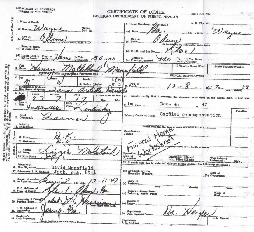 Death certificate for Henry McClellan Mansfield