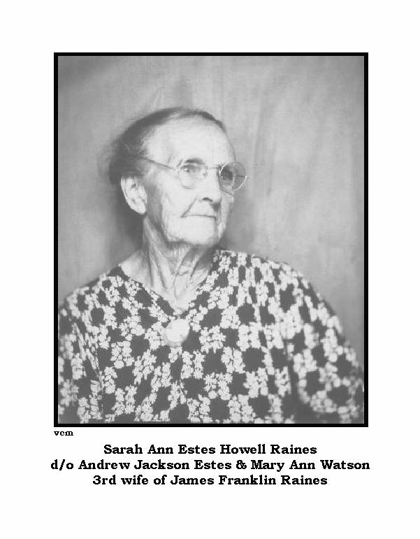Sarah Ann (Estes) Howell Raines, d/o Andrew Jackson & Mary Ann (Watson) Estes; 3rd wife of James Franklin Raines