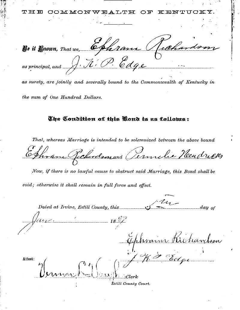 Ephrain Richardson & Permelia Hendricks Marriage Bond