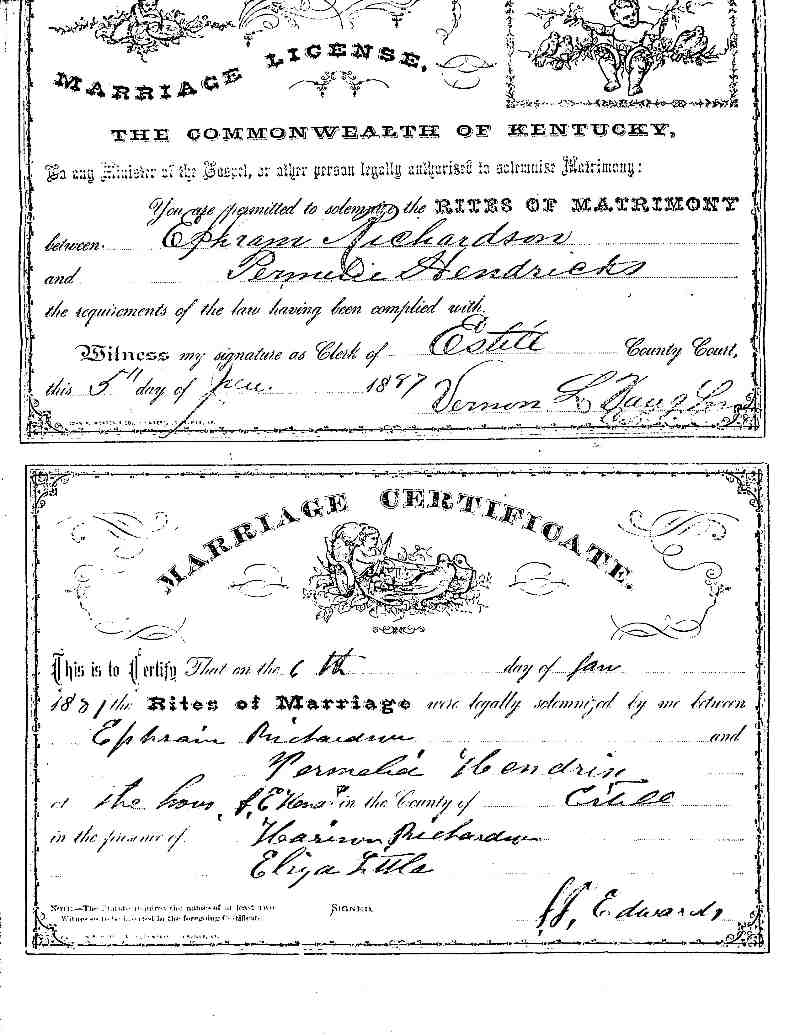 Ephrain Richardson & Permelia Hendricks Marriage License