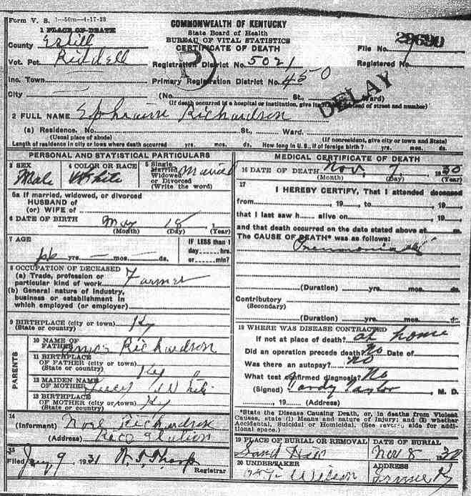 Ephrain Richardson Death Certificate