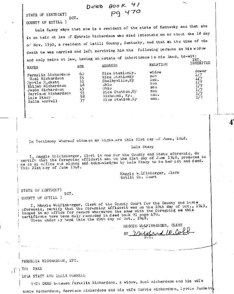 Ephrain Richardson Statement of Heirs