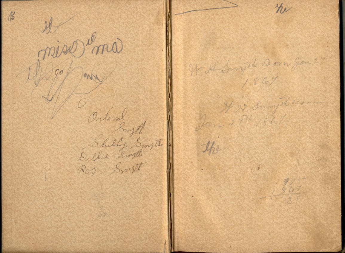 People's Party book pg 1. Pages from a book about the Peoples Party, in which John G. Smyth & Grant Smith recorded family information on the blank pages.