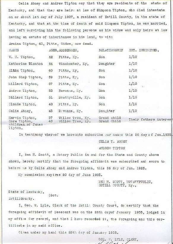 Simpson Tipton, Affidavit of Descendant