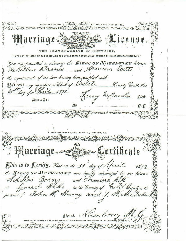 Achilles & Armina (Witt) Barnes Marriage Certificate