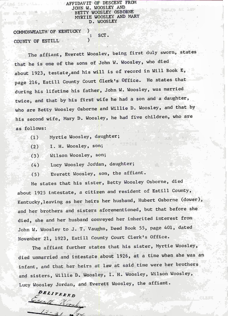 Affidavit of Descent from John W. Woosley Page 1