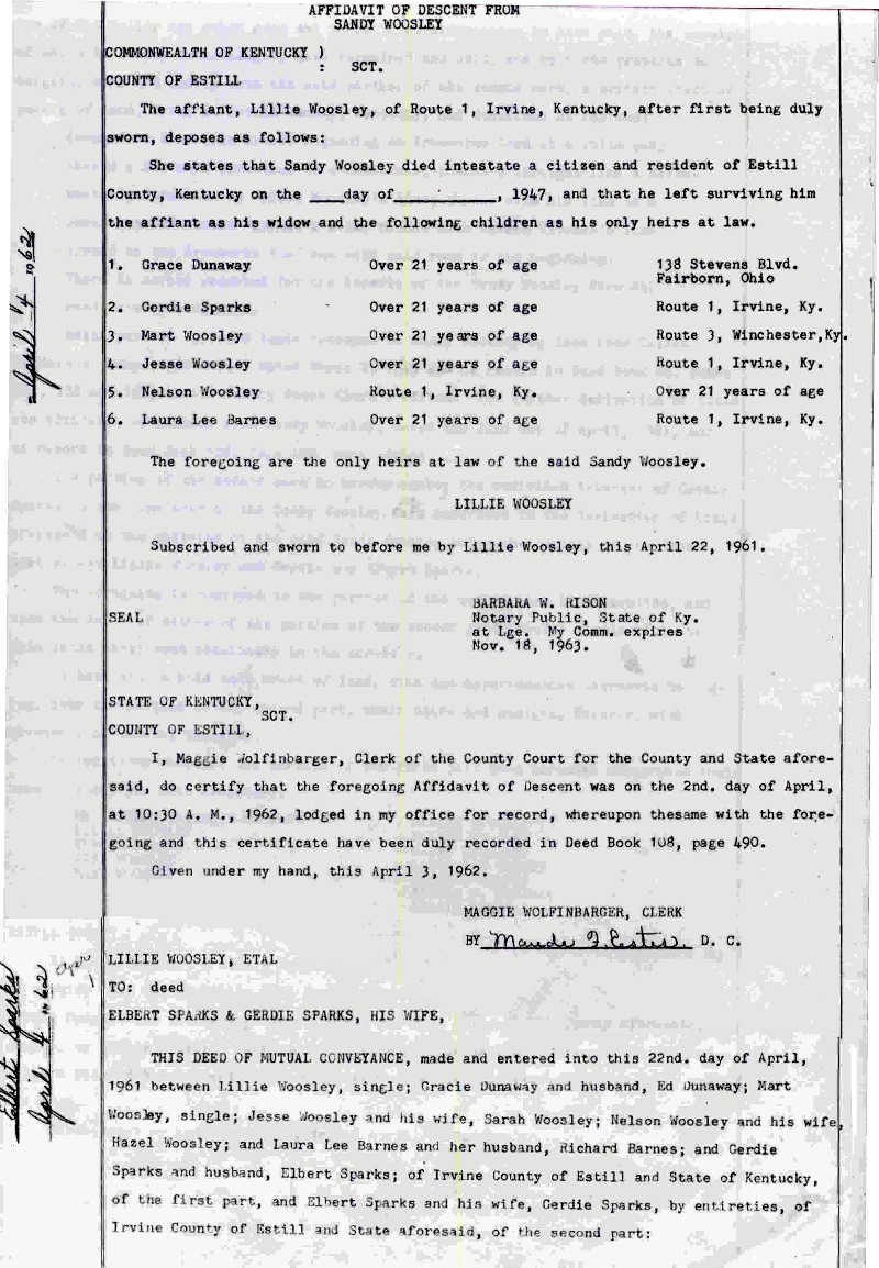 Affidavit of Descent from Sandy Woosley Page 1