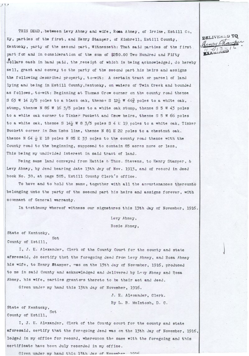 Levi & Rosa Abney to Henry Stamper