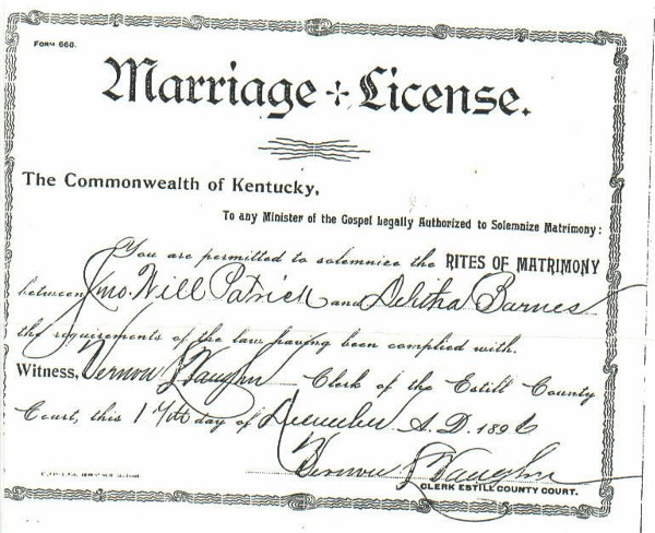 John William & Anna Delitha (Barnes) Patrick Marriage License
