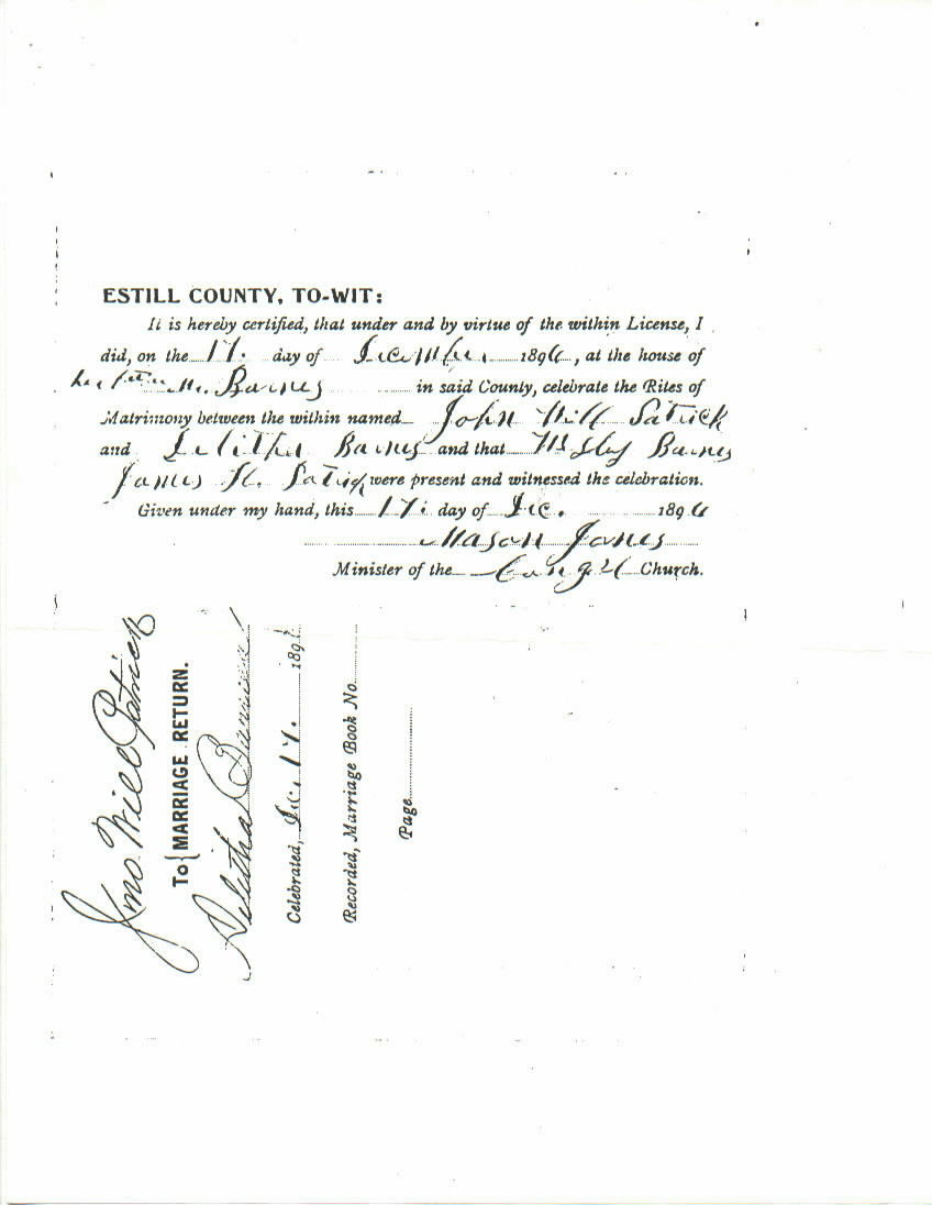 John William & Anna Delitha (Barnes) Patrick Minister's Certification